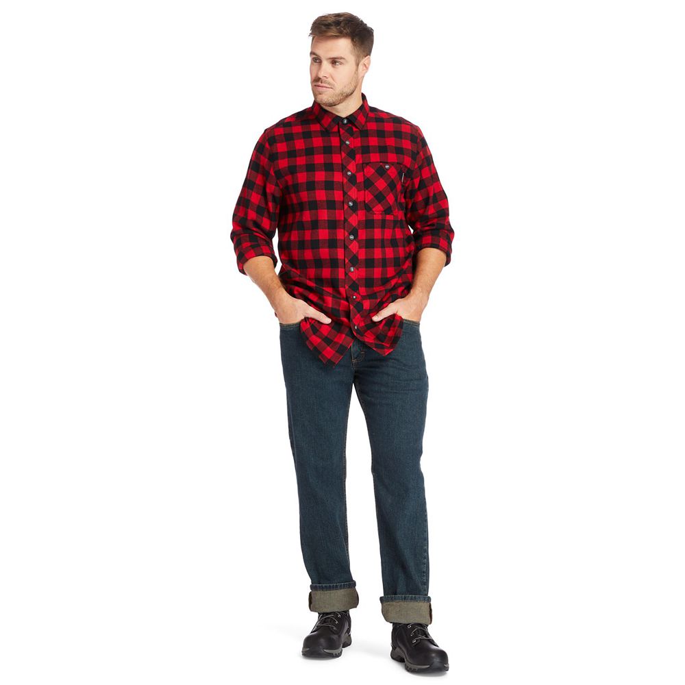 Camisa Timberland Argentina Hombre - Pro® Woodfort Mid-Weight Flex Flannel Work - Negras/Rojas - CJN